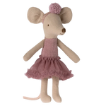 The Maileg Ballerina Mouse, Big Sister - Heather, from Maileg, is dressed in a mauve ballerina outfit with a tulle skirt and a matching headband adorned with a pom-pom, all crafted from soft cotton/linen.