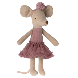 The Maileg Ballerina Mouse, Big Sister - Heather, from Maileg, is dressed in a mauve ballerina outfit with a tulle skirt and a matching headband adorned with a pom-pom, all crafted from soft cotton/linen.