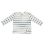 The Angel Dear Modal Rib Stripe Glacier Lake L/S Henley offers a stylish and comfortable fit with its long sleeves, light beige color, horizontal blue stripes, and button-up neckline, all showcased against a white background.