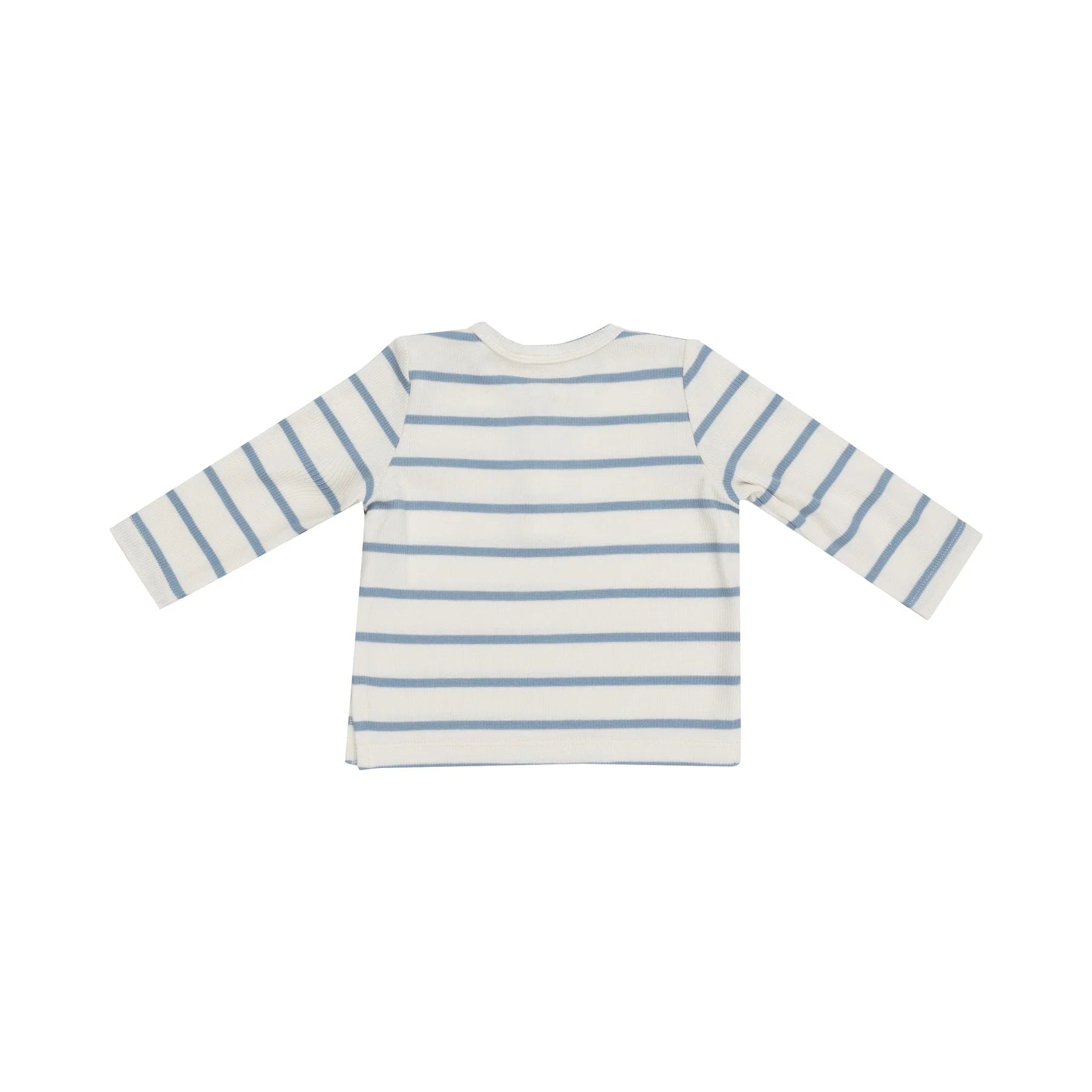 The Angel Dear Modal Rib Stripe Glacier Lake Long-Sleeve Henley showcases blue and white horizontal stripes with a stylish and comfortable button-up neckline, presented with the back view.