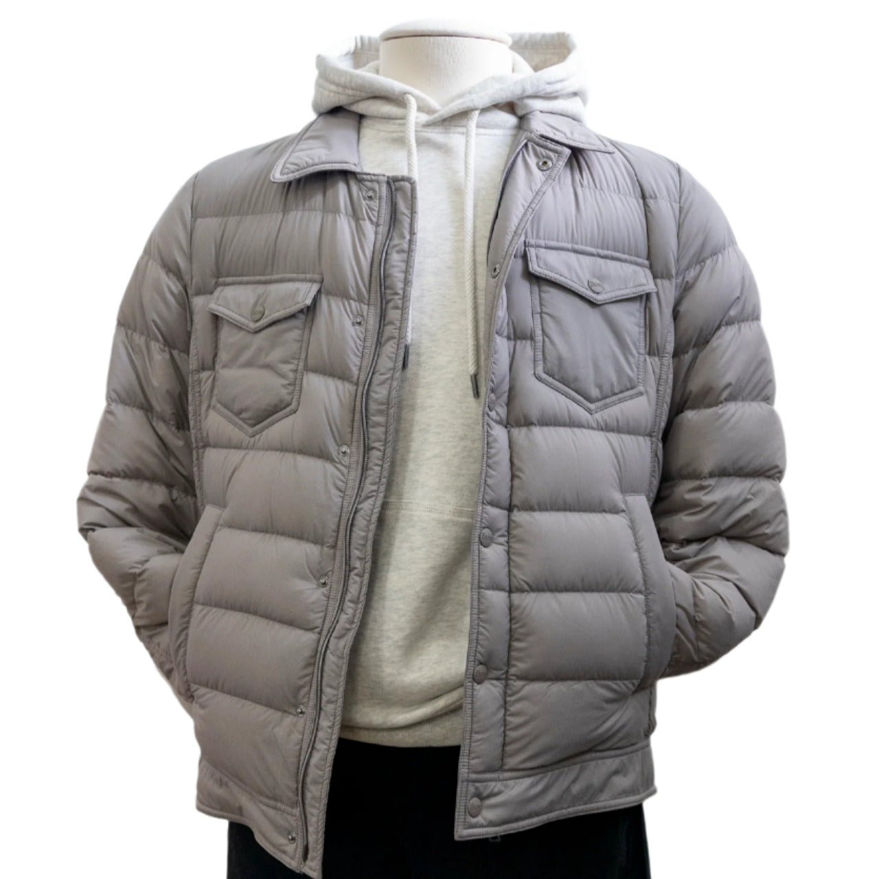 Mannequin styled in a Herno Legend LA Denim Jacket with down insulation over a light gray hoodie and black pants, providing lightweight warmth for any occasion.