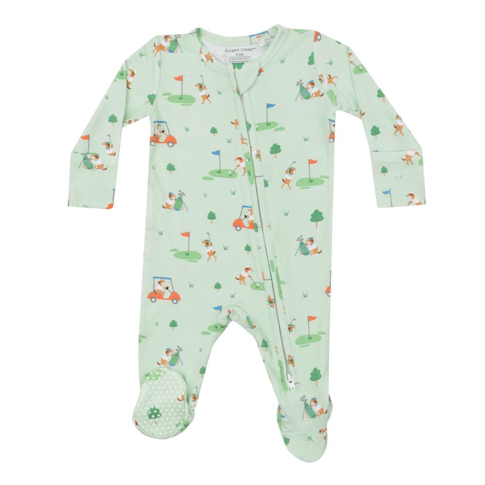 Introducing the Angel Dear Golf Club Pups Zip Footie by Angel Dear, a green baby onesie with long sleeves featuring original golf-themed art of animals playing golf, crafted from soft bamboo fiber fabric. It includes a zipper running from top to ankle and attached footies for added convenience.