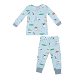 The Angel Dear Golf Club Pro LS Loungewear Set by Angel Dear is a matching light blue ensemble featuring a long-sleeve top and pants, crafted from bamboo viscose with a playful snowman and golf-themed pattern.