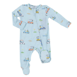 The Angel Dear 2-Way Zipper Footie by Angel Dear is a light blue, long-sleeved baby onesie made from bamboo fiber fabric, featuring a pattern of cars and roads. It includes a front zipper, closed feet, and fold-over cuffs for added comfort.