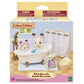 Box of Calico Critters Bath & Shower Set, featuring cute animal figures in a toy bathtub with bath time accessories and an antique-style bath fitting; includes a warning that the set contains small parts and is not suitable for children under 3 years.