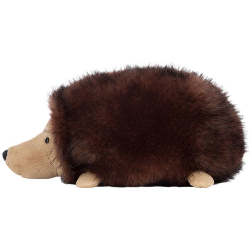 Introducing the Jellycat Hamish Hedgehog, a plush toy featuring chocolate ombre silky-soft spines, a fluffy brown body, and a beige face and feet.