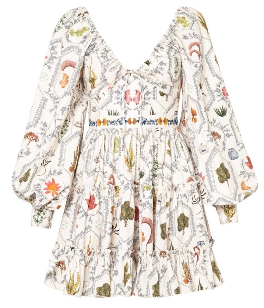 Agua By Aguabendita Women's white bohemian-style Agua by Aguabendita Honor Dress with a nature-inspired print featuring leaves, flowers, and animals, balloon sleeves, and a v-neckline.