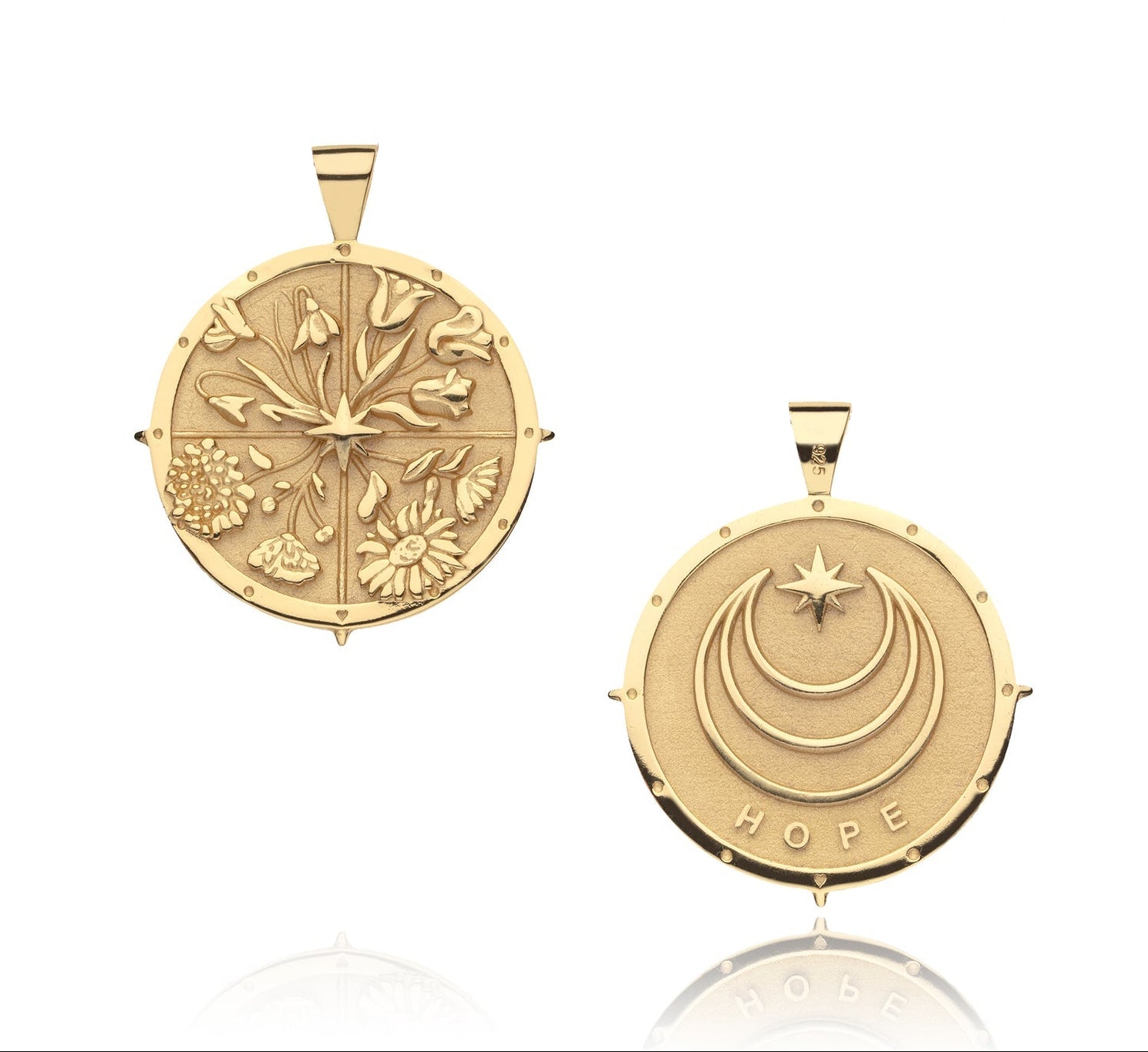 The Jane Win Pendant Necklace Collection features two round gold pendants: one with embossed flowers, the other with triple crescent moons, a star, and "HOPE" engraved—beautiful milestone jewelry pieces.