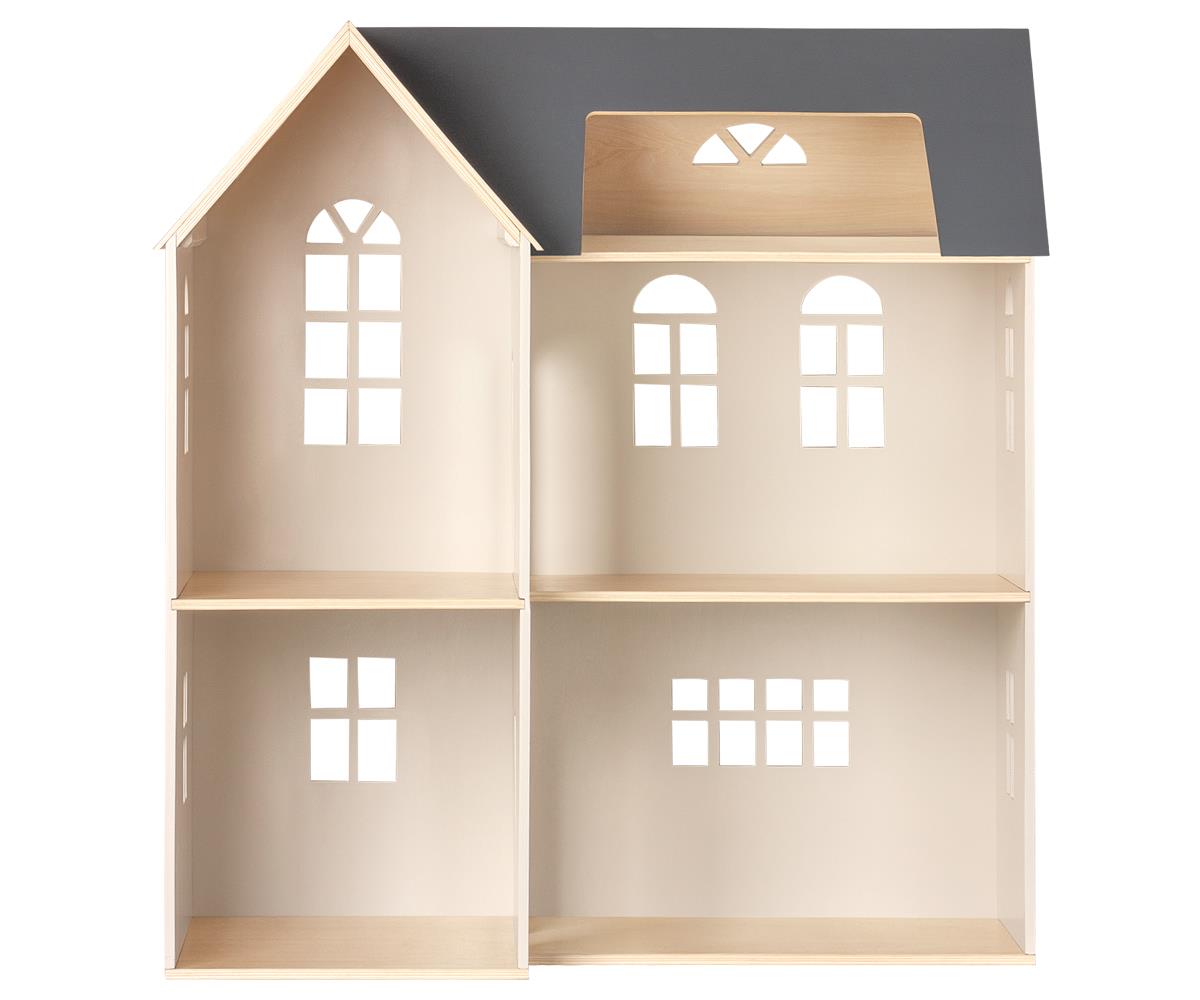 The Maileg Dollhouse, House of Miniature is a charming wooden toy with three floors, featuring multiple windows, a black roof, and Maileg furniture. It is also easy to assemble.