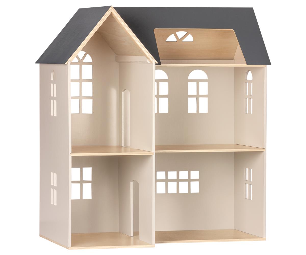 Introducing the Maileg Dollhouse, House of Miniature by Maileg: a three-story wooden dollhouse featuring a black roof, large windows, and multiple rooms. This charming abode is easy to assemble and perfect for fitting your beloved Maileg furniture.