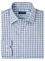 The Peter Millar Hogwill Cotton Sport Shirt features a folded design with a blue and white plaid pattern, crafted from premium cotton yarn for both style and comfort.