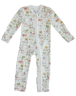 The Timo & Violet Baby' One-Piece features long sleeves, a front zipper, fold-over mittens, convertible foot cuffs, and an animal and nature print on a white background.