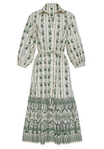 The Hutton Dress by Cara Cara is a long-sleeved, collared midi shirt dress with green and white stripes, floral prints, a cinched waist, and a ruffle tier skirt featuring contrasting patterns.