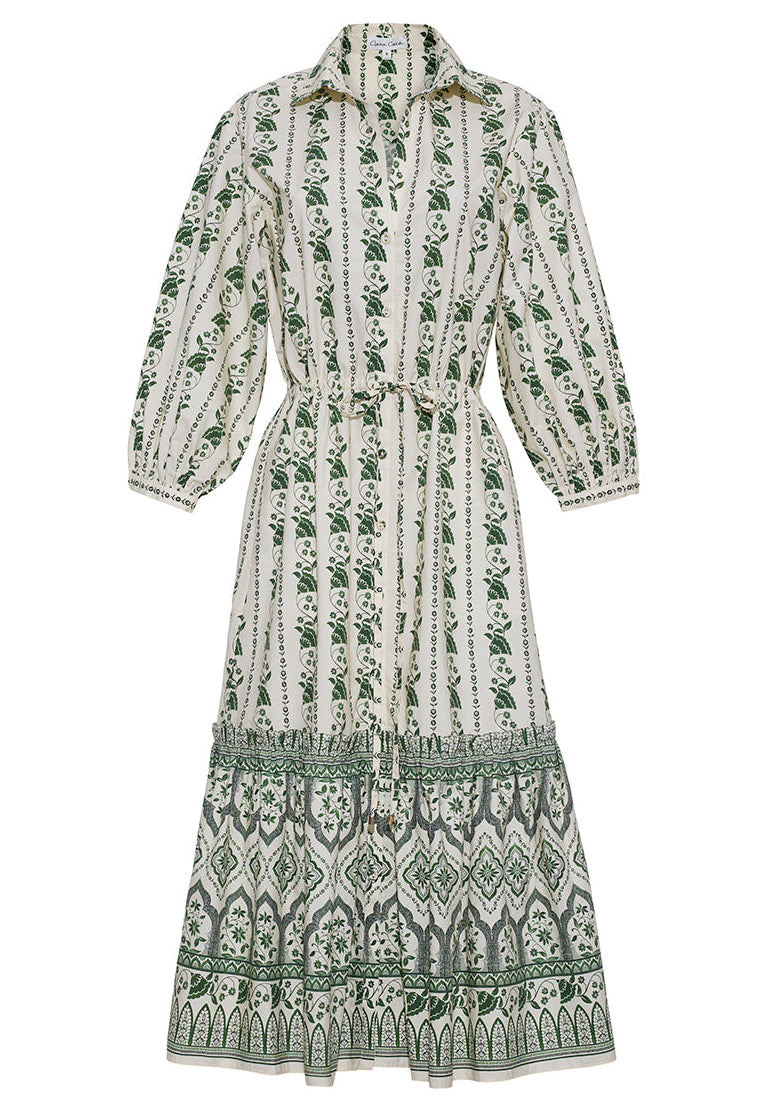 The Hutton Dress by Cara Cara is a long-sleeved, collared midi shirt dress with green and white stripes, floral prints, a cinched waist, and a ruffle tier skirt featuring contrasting patterns.