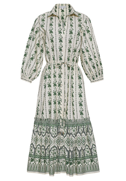 The Hutton Dress by Cara Cara is a long-sleeved, collared midi shirt dress with green and white stripes, floral prints, a cinched waist, and a ruffle tier skirt featuring contrasting patterns.