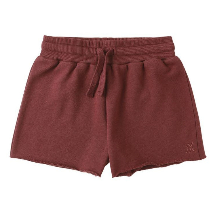 The Rylee & Cru Girls' Sweat Short is an ultra-soft burgundy French terry short with a drawstring waist and a small stitched logo on the lower left leg.