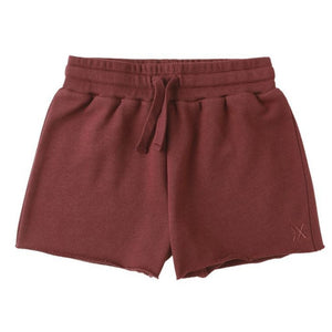The Rylee & Cru Girls' Sweat Short is an ultra-soft burgundy French terry short with a drawstring waist and a small stitched logo on the lower left leg.
