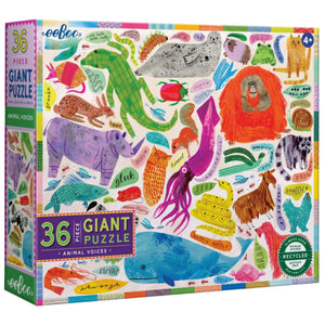 Eeboo’s Animal Voices 36 Piece Giant Puzzle is a colorful box featuring illustrated animals and their sounds, perfect for ages 4 and up.
