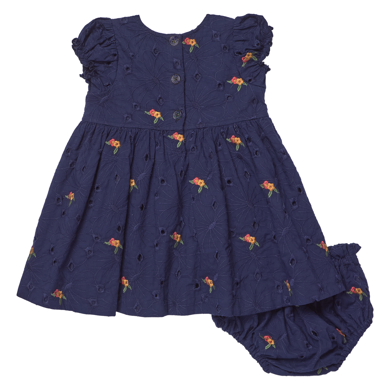 Dress your little one in the Baby Girls' Eliza Eyelet Embroidery Dress Set by Pink Chicken, featuring short sleeves and elegant navy floral embroidery, complete with matching bloomers and convenient buttons down the back for easy dressing.