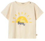 The Cozmo Baby Boys' Ian T-Shirt is a beige, lightweight cotton tee for toddlers, featuring a yellow sun graphic and the text "Yes, Sun;" on the front.