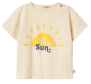 The Cozmo Baby Boys' Ian T-Shirt is a beige, lightweight cotton tee for toddlers, featuring a yellow sun graphic and the text "Yes, Sun;" on the front.