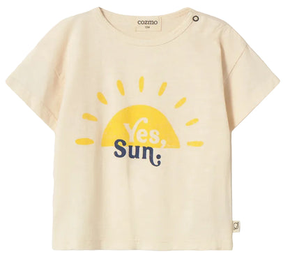 The Cozmo Baby Boys' Ian T-Shirt is a beige, lightweight cotton tee for toddlers, featuring a yellow sun graphic and the text "Yes, Sun;" on the front.