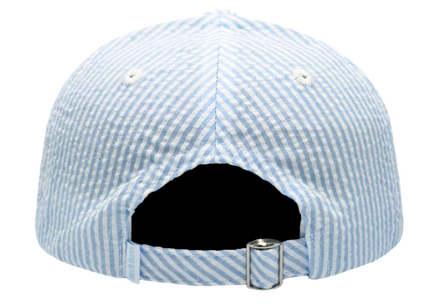 Back view of the Lil Bro Baseball Hat by Bits & Bows in blue and white seersucker, featuring an adjustable strap, metal buckle, and LIL BRO embroidery.
