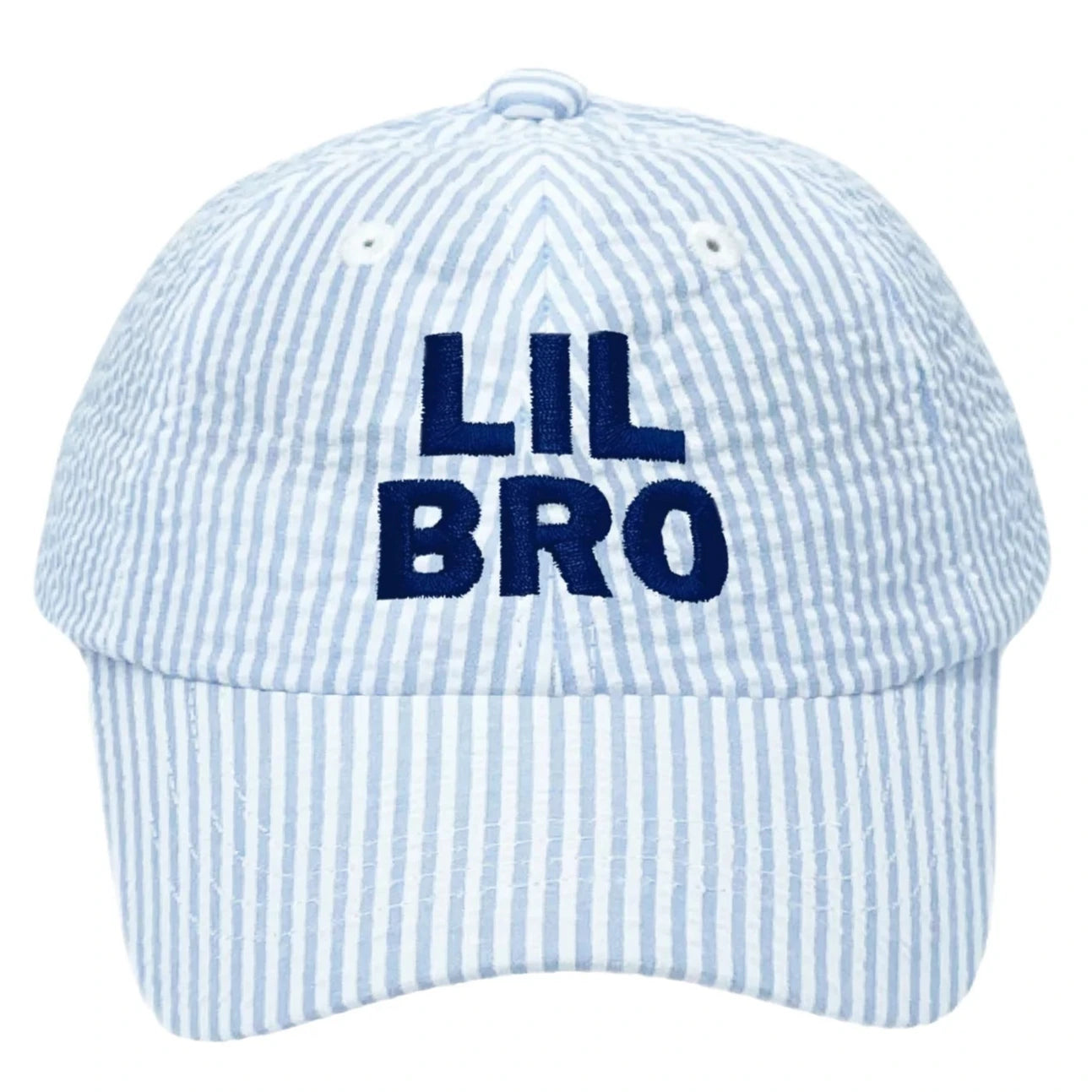 The Lil Bro Baseball Hat by Bits & Bows is a classic light blue and white seersucker cap featuring bold navy “LIL BRO” embroidery on the front.
