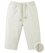 Gingersnaps Baby Boys' Erwin Pants in beige ramie blend with a garterized waist, drawstring with wooden beads, and straight legs. Fabric texture close-up is shown in the bottom right corner.
