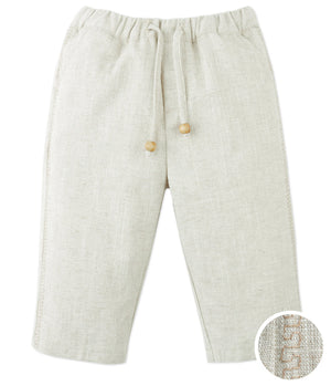 Gingersnaps Baby Boys' Erwin Pants in beige ramie blend with a garterized waist, drawstring with wooden beads, and straight legs. Fabric texture close-up is shown in the bottom right corner.