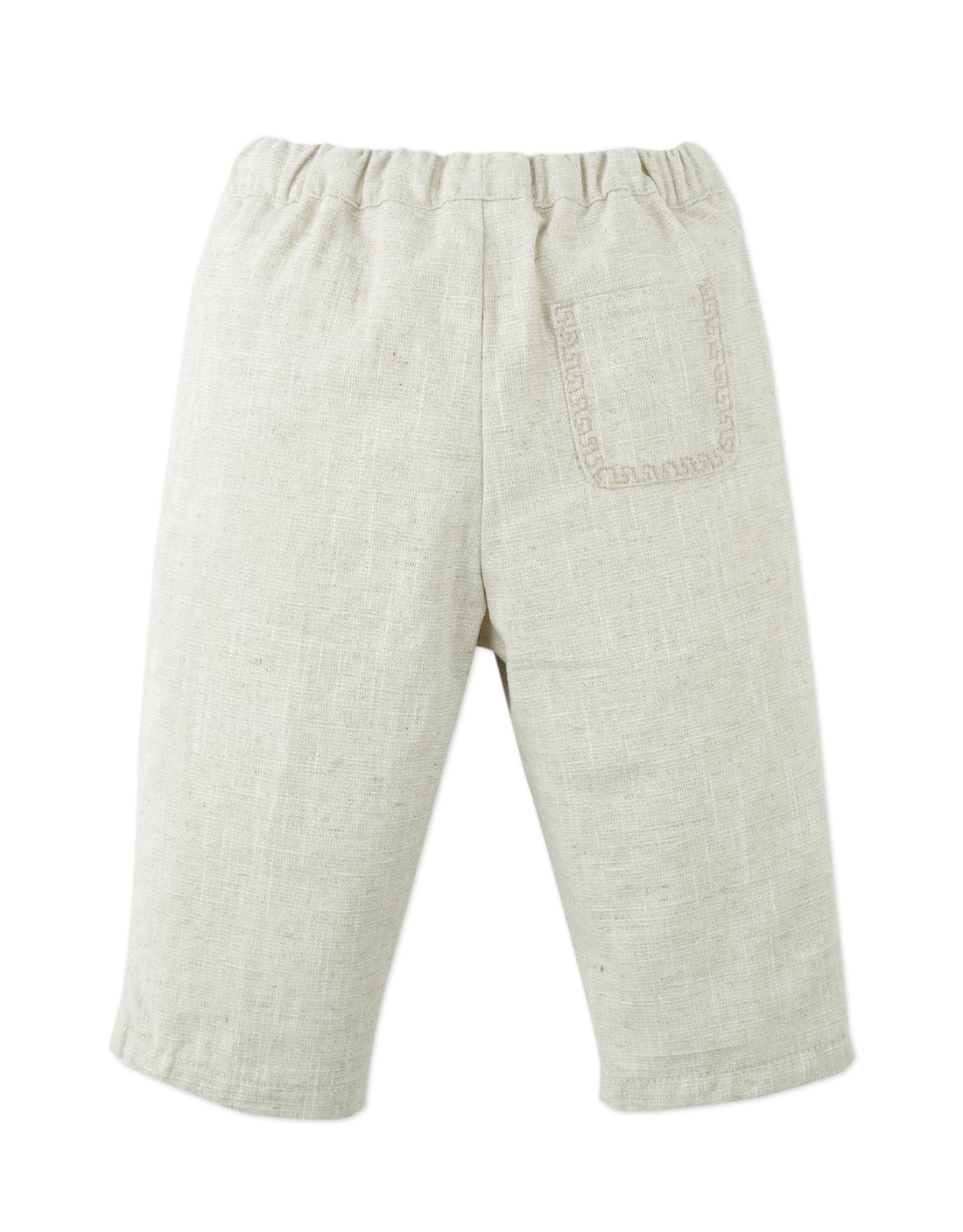 Baby Boys' Erwin Pants by Gingersnaps in beige linen, featuring a garterized waist and a single back pocket, shown on a white background.