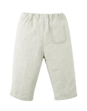 Baby Boys' Erwin Pants by Gingersnaps in beige linen, featuring a garterized waist and a single back pocket, shown on a white background.