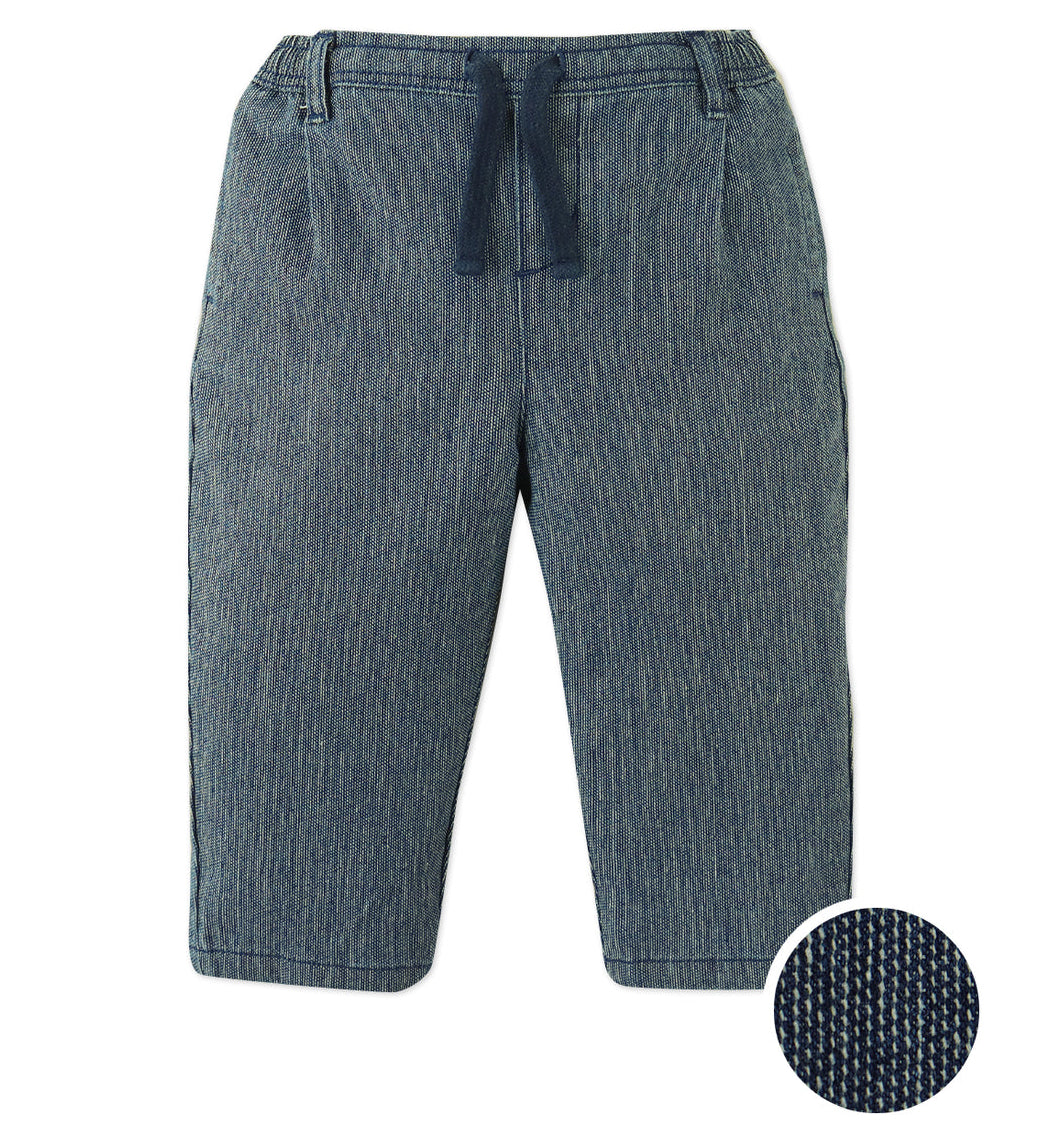 Gingersnaps Baby Boys' Denim Pants in dark blue feature an elastic waistband and drawstring, shown here with a close-up of the textured denim fabric.