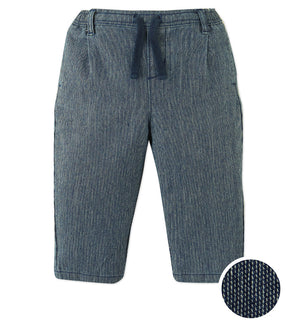 Gingersnaps Baby Boys' Denim Pants in dark blue feature an elastic waistband and drawstring, shown here with a close-up of the textured denim fabric.