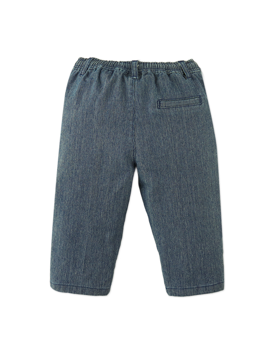 Back view of Gingersnaps Baby Boys' Denim Pants in dark blue, featuring an elastic waistband and a single back pocket, laid flat on a white background.