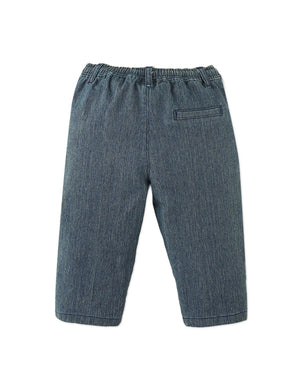 Back view of Gingersnaps Baby Boys' Denim Pants in dark blue, featuring an elastic waistband and a single back pocket, laid flat on a white background.