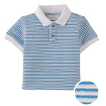 The Gingersnaps Baby Boys' Kirk Striped Terry Polo Shirt features light blue and white stripes, a crisp white collar, and a two-button placket. Fabric texture is shown in an inset circle—stylish for any occasion.