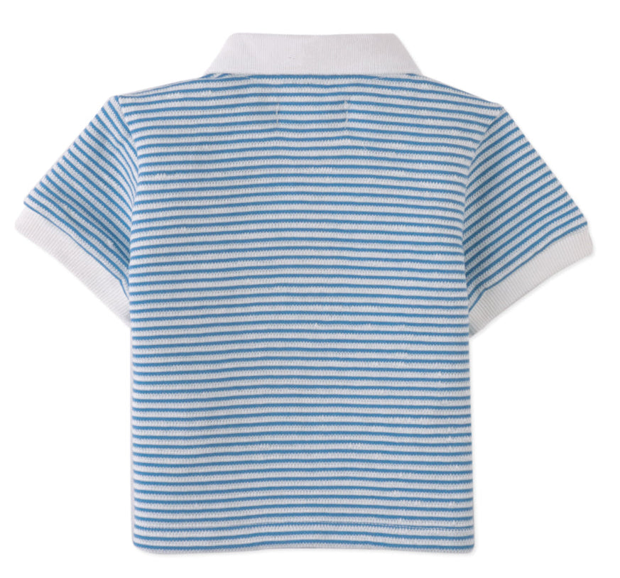 Back view of the Gingersnaps Baby Boys' Kirk Striped Terry Polo Shirt: features blue and white horizontal stripes, a white collar, and white sleeve cuffs for a stylish look.