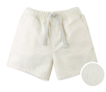 The Baby Boys' Huey Garterized Drawcords Shorts by Gingersnaps feature a cream hue, elastic waistband, gray drawstring, and soft offwhite canvas. Bottom right close-up displays the detailed fabric texture.