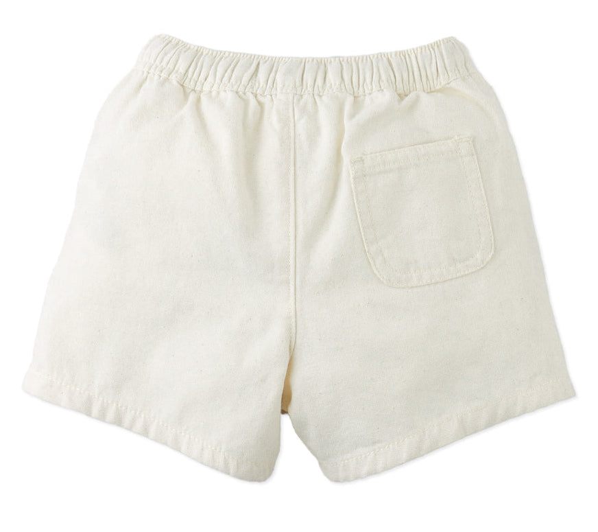 Back view of Gingersnaps Baby Boys' Huey Garterized Drawcords Shorts in offwhite canvas, featuring an elastic waistband and a right-side back pocket.