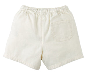 Back view of Gingersnaps Baby Boys' Huey Garterized Drawcords Shorts in offwhite canvas, featuring an elastic waistband and a right-side back pocket.
