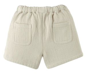 Gingersnaps Baby Boys' Marlow Drawstring Shorts with Contrast Stitching, shown flat from the back, feature an elastic waistband and two square back pockets—ideal casual shorts for everyday comfort.