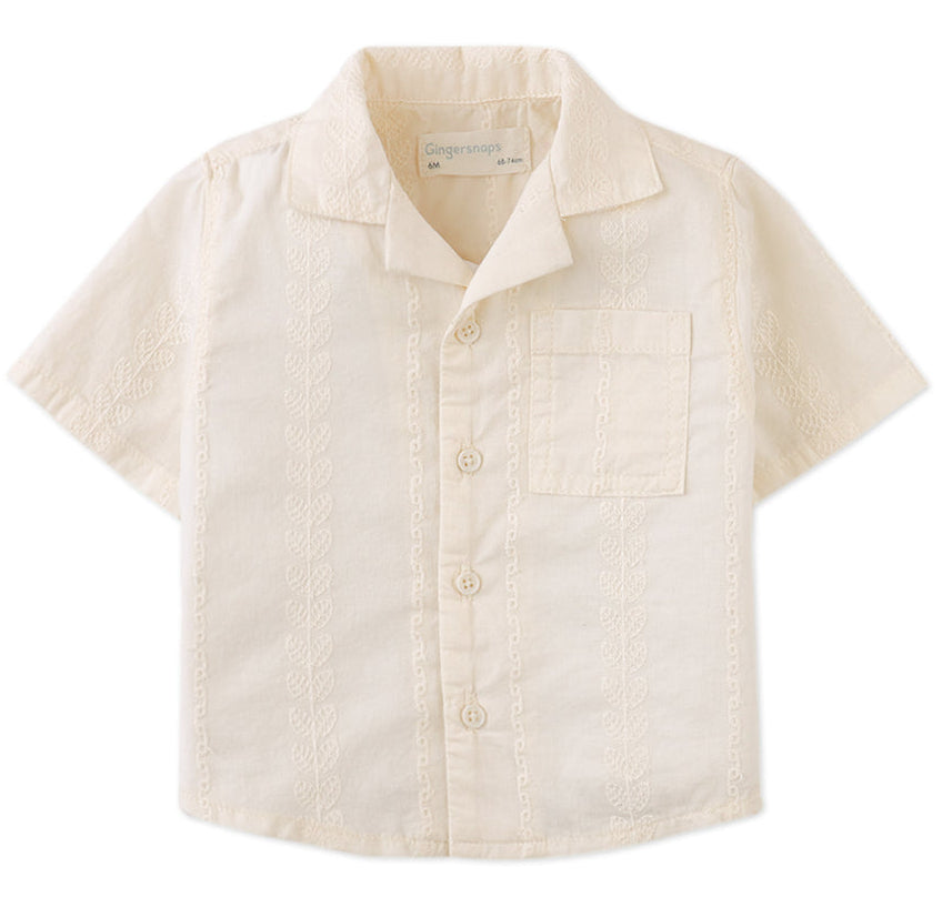 The Gingersnaps Baby Boys' Armin Embroidered Camp Collar Shirt features short sleeves, an off-white hue, a chest pocket, and subtle vertical leaf embroidery.