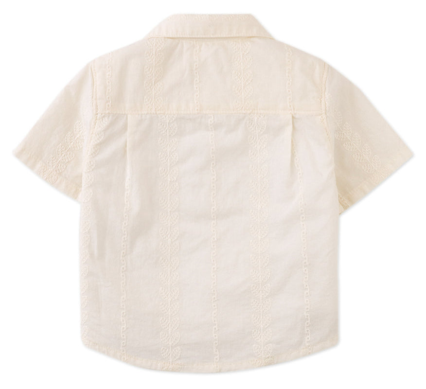 Back view of the Gingersnaps Baby Boys' Armin Embroidered Camp Collar Shirt, featuring short sleeves and subtle vertical leaf embroidery for a refined touch.