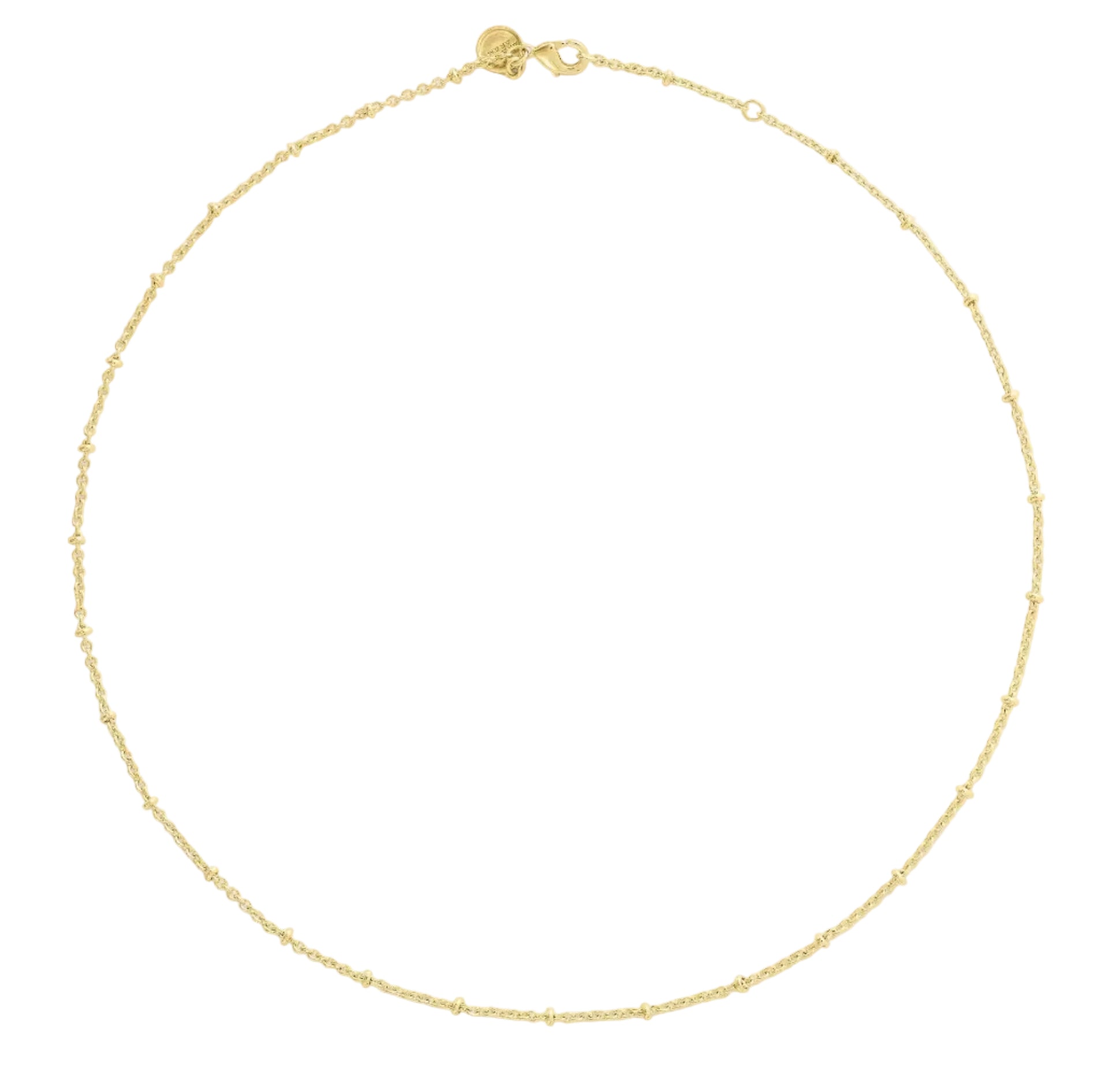 The Anabel Aram Molten Bead Chain Necklace in gold features small, evenly spaced beads along a delicate chain, beautifully displayed in a circular arrangement on a white background.