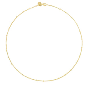 The Anabel Aram Molten Bead Chain Necklace in gold features small, evenly spaced beads along a delicate chain, beautifully displayed in a circular arrangement on a white background.