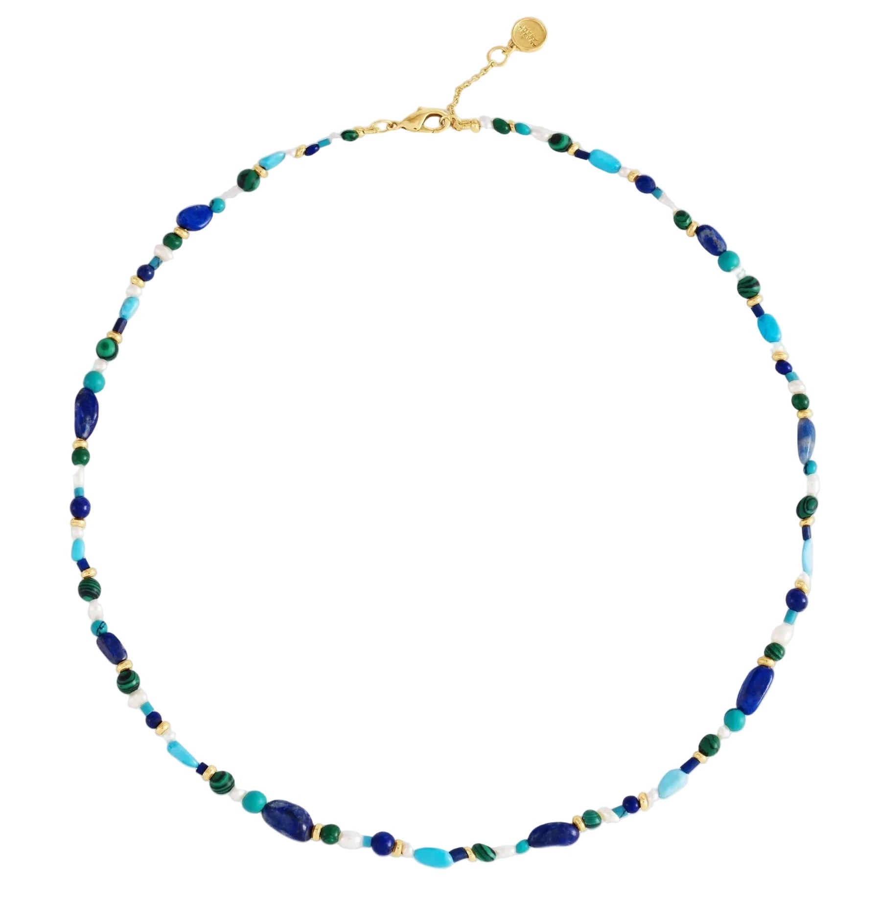 The Milos Beaded Necklace by Anabel Aram features small blue, turquoise, green, and gold beads with a gold clasp and adjustable chain.