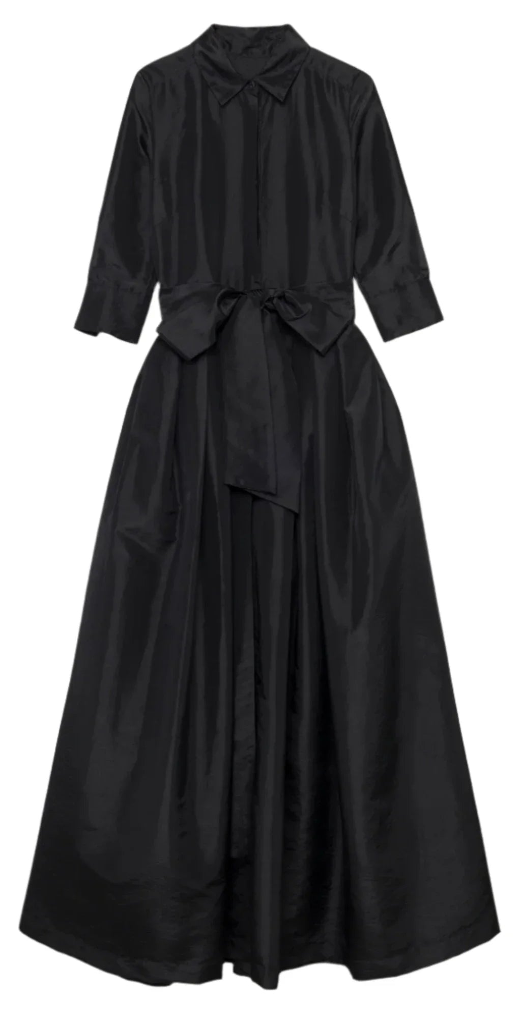 Introducing the Simkhai Julip Belted Gown by Simkhai: a long-sleeved black dress with a collar and button-down front, featuring tailored details, a tied waist belt, and a flowing, full-length skirt.