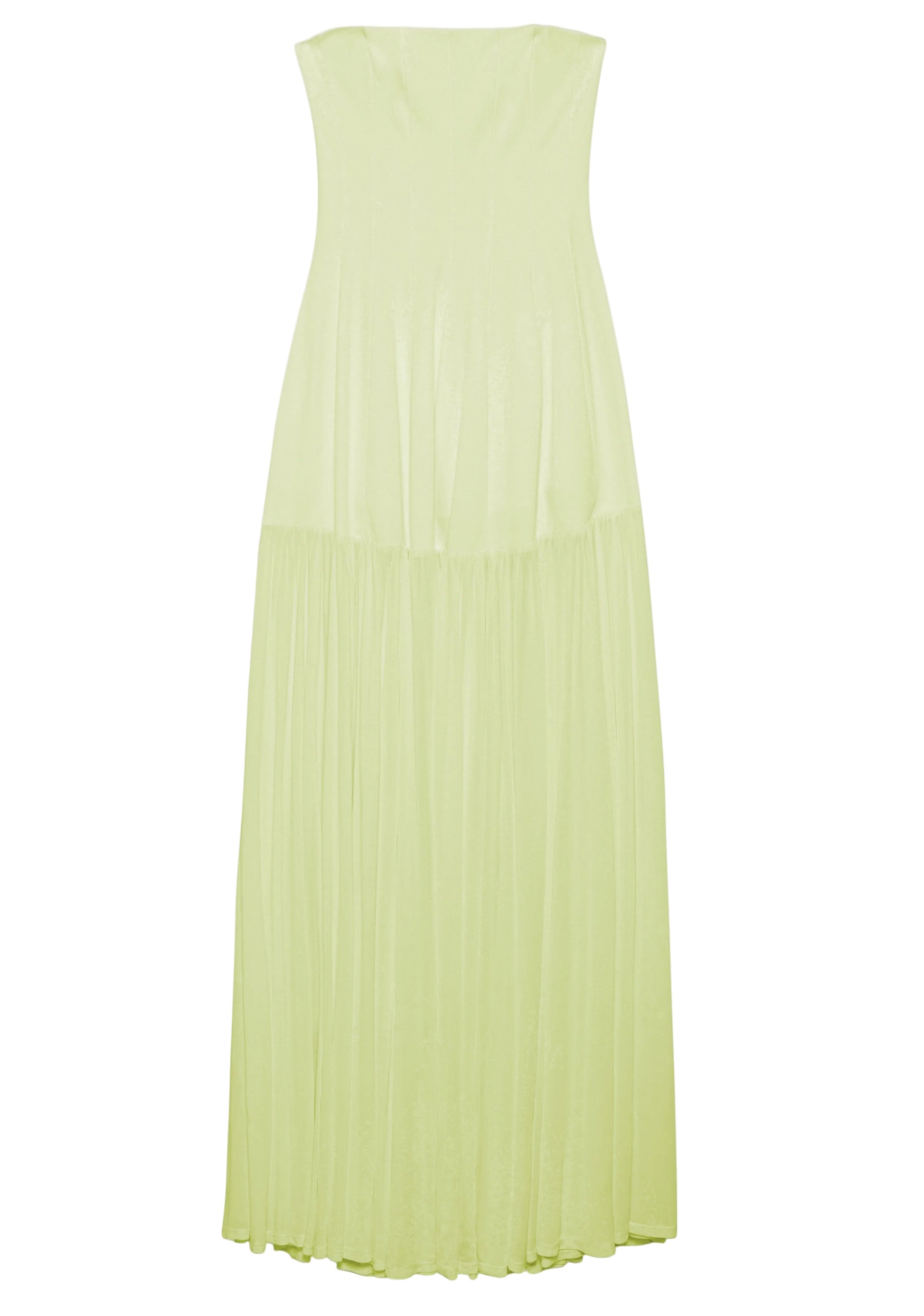 The Sandrine Dress by Simkhai is a sleeveless, light yellow maxi with a paneled bodice, fitted top, and a gathered skirt for an elongated silhouette.
