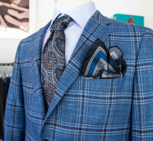 A blue plaid Samuelsohn Bennet Contemporary Fit Blazer with a Samuelsohn pocket square.